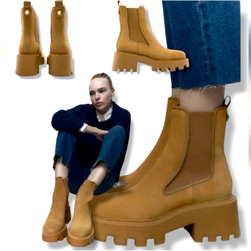 ZARA Leather Ankle Boots – EU 37 – Tan – Chunky Heel